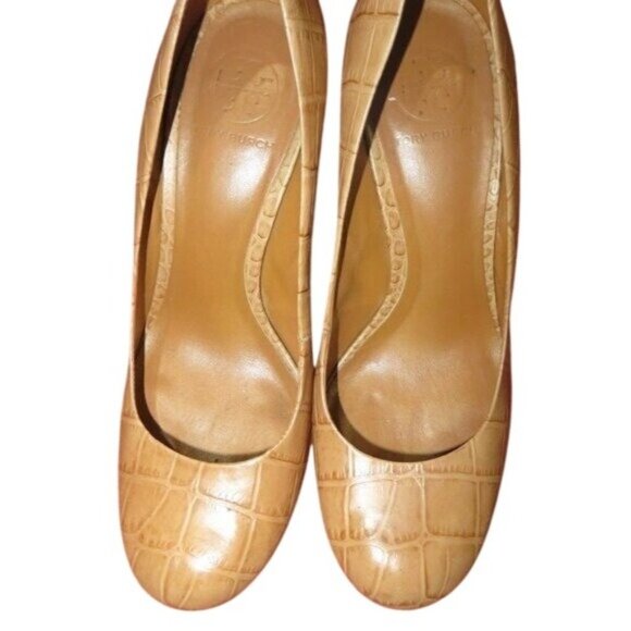Tory Burch Tan Brown Croc Embossed Italian Leather Platform Pumps Heels size 8.5 - Picture 6 of 12